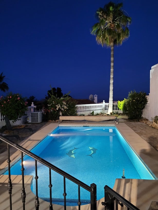 Mijas Villa pool at night with views to the med coastline